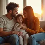 Семейная сцена с родителями, ласково обнимающими ребенка в уютном доме без криков и наказаний