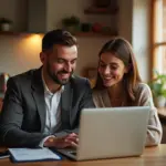 Счастливая пара в домашней обстановке обсуждает семейный бюджет и поддерживает гармонию несмотря на разницу в доходах