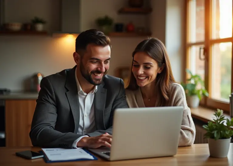 Счастливая пара в домашней обстановке обсуждает семейный бюджет и поддерживает гармонию несмотря на разницу в доходах