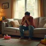 Эмоционально выгоревший родитель дома, окружённый предметами для детей