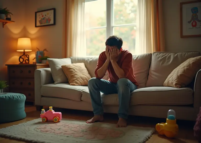 Эмоционально выгоревший родитель дома, окружённый предметами для детей