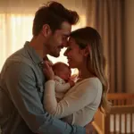 Счастливая молодая пара, обнимающаяся на фоне детской кроватки, символизирующая любовь и гармонию после родов