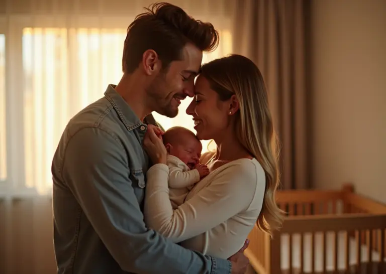 Счастливая молодая пара, обнимающаяся на фоне детской кроватки, символизирующая любовь и гармонию после родов
