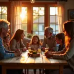 Тёплая и гармоничная семейная встреча с представителями нескольких поколений, общающимися и смеющимися в уютной домашней обстановке