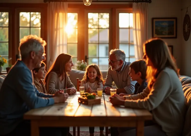 Тёплая и гармоничная семейная встреча с представителями нескольких поколений, общающимися и смеющимися в уютной домашней обстановке