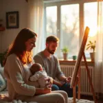 Мама с ребёнком занимается хобби дома, отец поддерживает, символ гармонии и сохранения идентичности в декретном отпуске