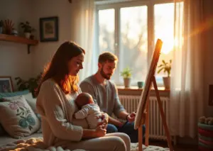 Мама с ребёнком занимается хобби дома, отец поддерживает, символ гармонии и сохранения идентичности в декретном отпуске