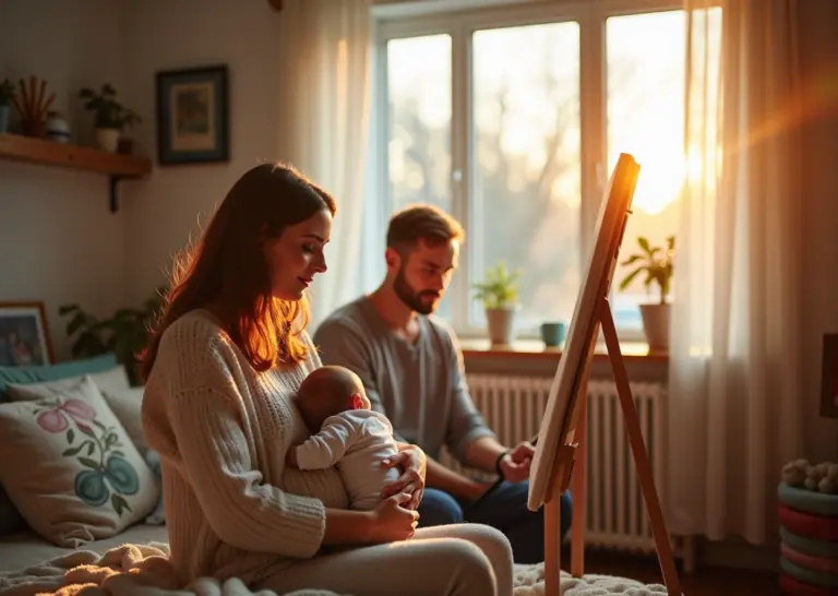Мама с ребёнком занимается хобби дома, отец поддерживает, символ гармонии и сохранения идентичности в декретном отпуске