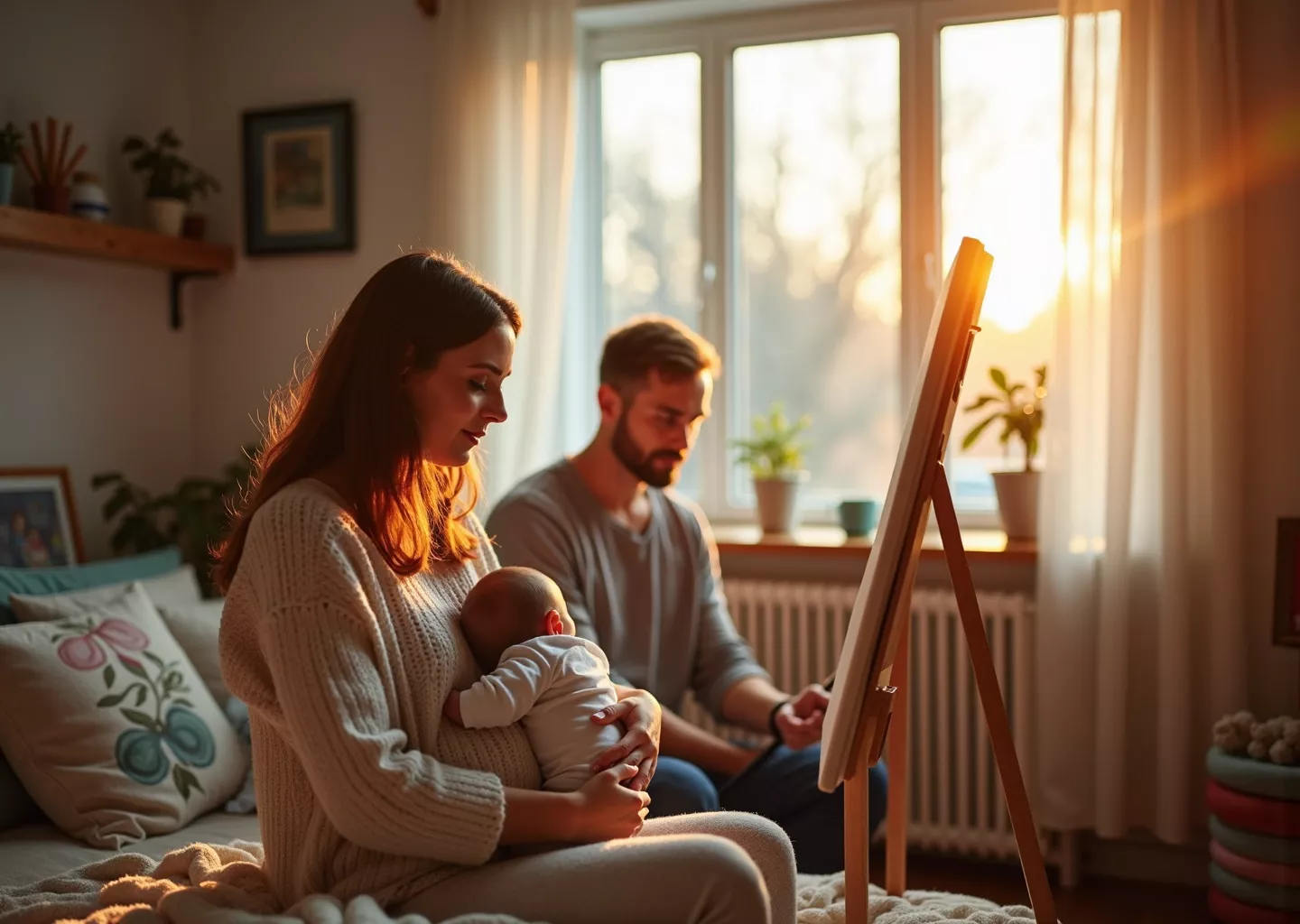 Мама с ребёнком занимается хобби дома, отец поддерживает, символ гармонии и сохранения идентичности в декретном отпуске