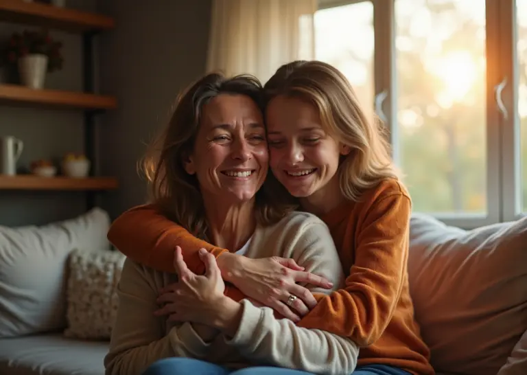 Теплый и искренний момент прощения между членами семьи