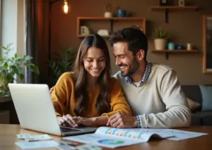 Счастливая пара управляющая семейным бюджетом за уютным столом в доме