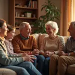 Русская семья в уютном доме, ведущая открытый и поддерживающий разговор, символизирующий выход из традиционных ролей и достижение гармонии