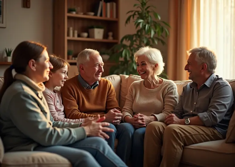 Русская семья в уютном доме, ведущая открытый и поддерживающий разговор, символизирующий выход из традиционных ролей и достижение гармонии