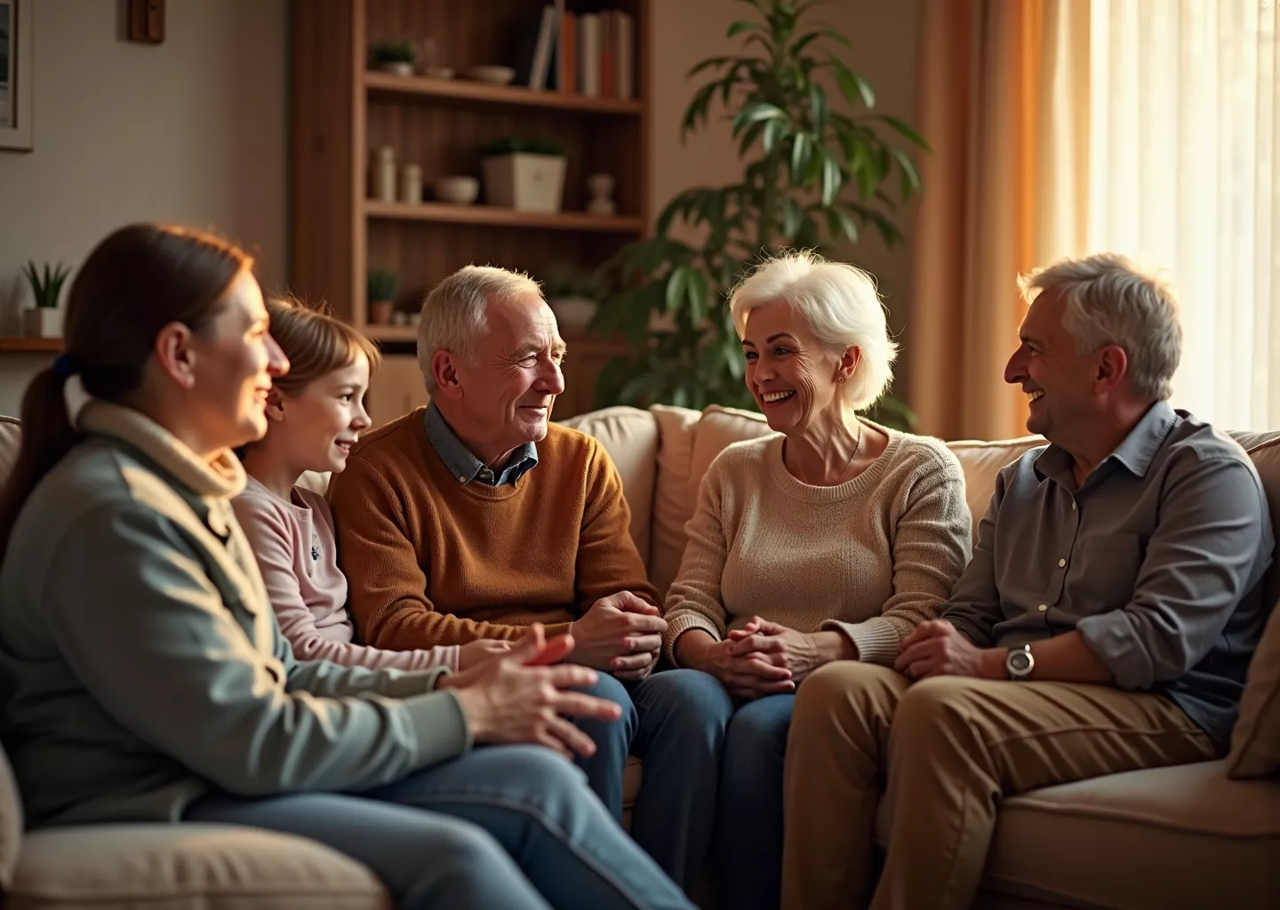 Русская семья в уютном доме, ведущая открытый и поддерживающий разговор, символизирующий выход из традиционных ролей и достижение гармонии