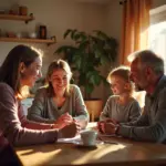 Гармоничная русская семья обсуждает финансовую помощь взрослым детям в уютной домашней атмосфере