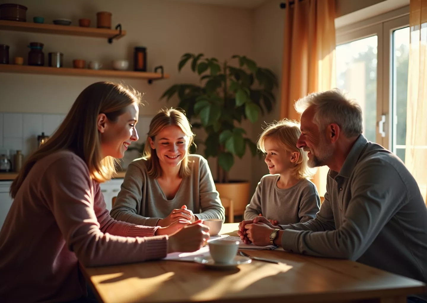 Гармоничная русская семья обсуждает финансовую помощь взрослым детям в уютной домашней атмосфере